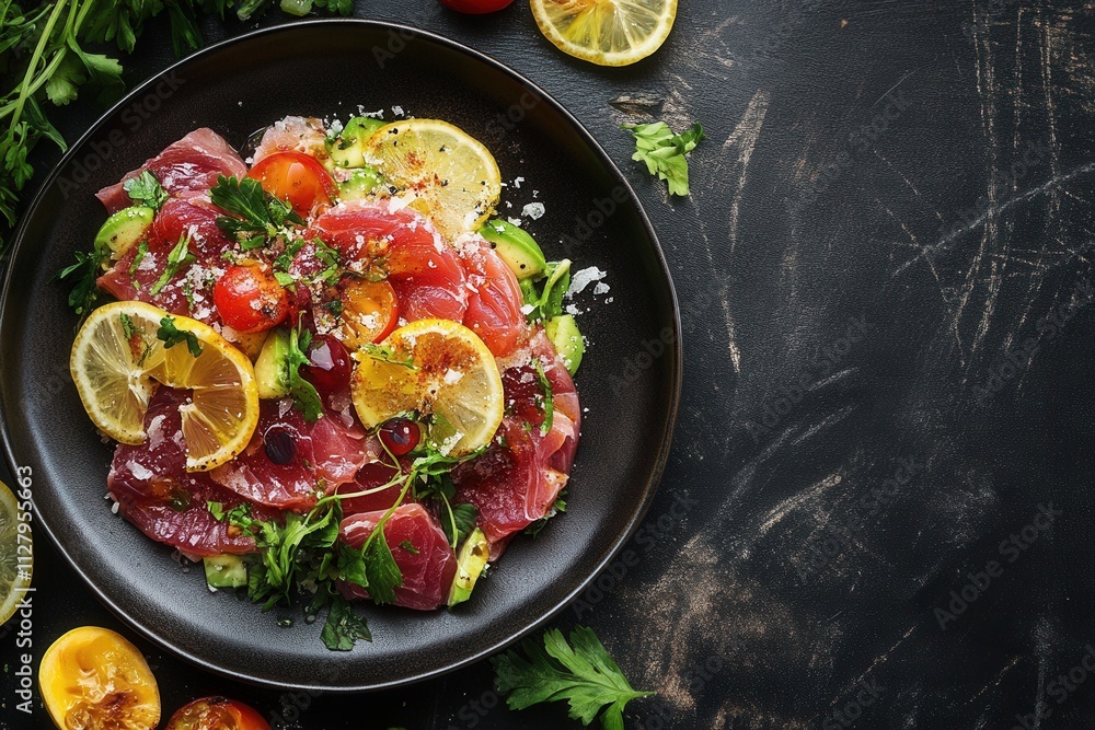 Delicious tuna salad with avocado, lemon, and cherry tomatoes. Delicious tuna salad with avocado, lemon, and cherry tomatoes.