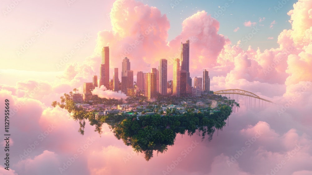 Floating island city in pink cotton clouds with golden bridge surreal digital landscape inspirational concept art high-resolution environment for imagination Floating island city in pink cotton clouds with golden bridge surreal digital landscape inspirational concept art high-resolution environment for imagination