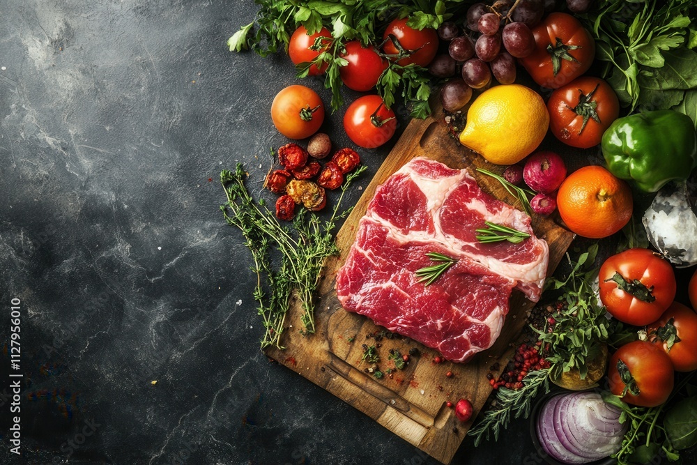 Fresh raw steak with assorted fresh vegetables and herbs on dark surface. Fresh raw steak with assorted fresh vegetables and herbs on dark surface.