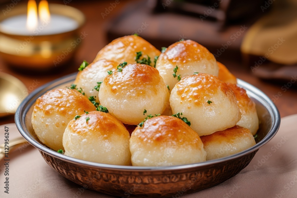 Neatly Arranged Deep Fried Puffed Bread with Garnish on Plate