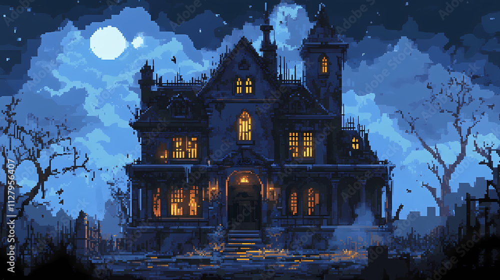 Obraz premium Pixel art haunted mansion with broken windows and ghostly lights. Fable. Illustration