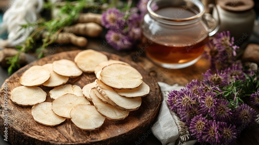 Fototapeta premium Fresh Astragalus Root Slices and Herbal Tea Composition