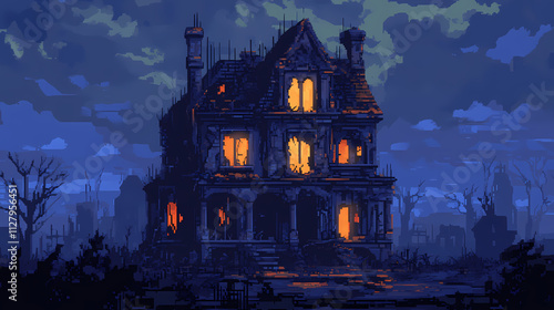 Pixel art haunted mansion with broken windows and ghostly lights. Fable. Illustration photo