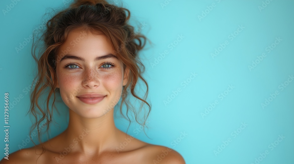 Cheerful Young Woman Smiling Against a Bright Blue Background Cheerful Young Woman Smiling Against a Bright Blue Background