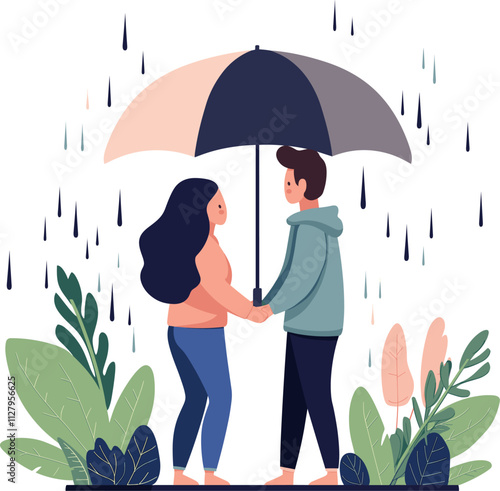 Couple holding hands under an umbrella surrounded by rain and greenery cartoon isolated on transparent background. Vector illustration.