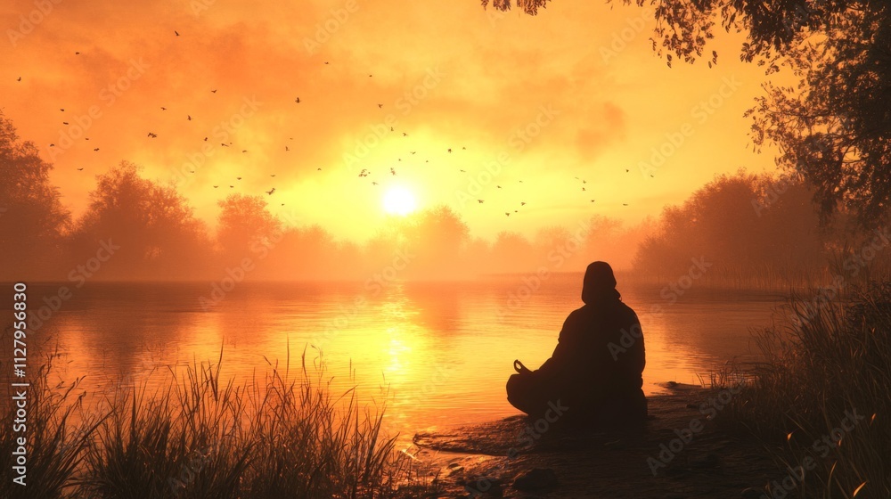 Serene Sunset Meditation By Still Water Serene Sunset Meditation By Still Water