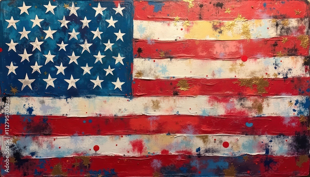 Abstract art painting of American flag. Red white, blue colors. Painterly style. Stars, stripes. Unique artistic interpretation of national symbol. Inspired design. Patriotic art piece. Unique Abstract art painting of American flag. Red white, blue colors. Painterly style. Stars, stripes. Unique artistic interpretation of national symbol. Inspired design. Patriotic art piece. Unique