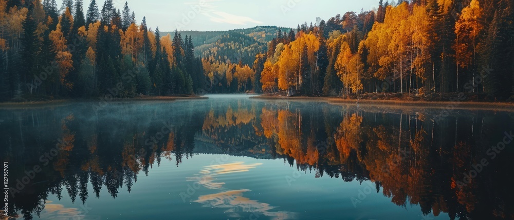 Obraz premium Autumn forest with colorful trees reflected in a still lake under a clear sky.