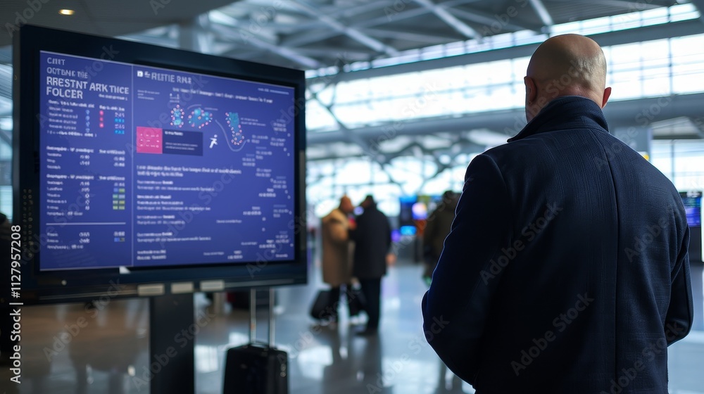 Man standing at airport terminal, gazing at large digital screen showing immigration policies, amidst bustling crowd and luggage, highlighting importance of travel regulations and border control infor Man standing at airport terminal, gazing at large digital screen showing immigration policies, amidst bustling crowd and luggage, highlighting importance of travel regulations and border control infor