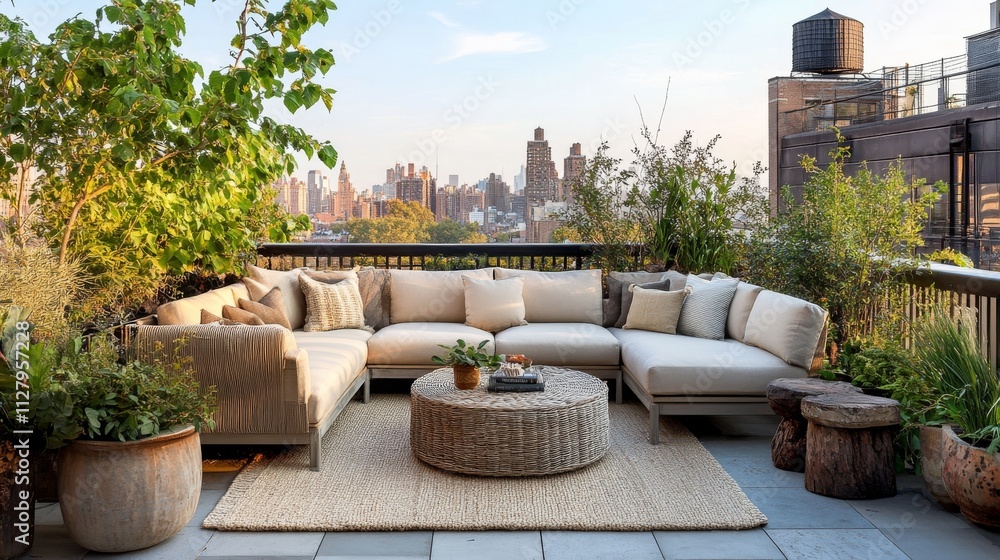 16.Comfortable lounge area on a rooftop garden, featuring a stylish sectional sofa with neutral colors, surrounded by leafy plants and natural decor, creating a serene escape above the bustling city. 16.Comfortable lounge area on a rooftop garden, featuring a stylish sectional sofa with neutral colors, surrounded by leafy plants and natural decor, creating a serene escape above the bustling city.