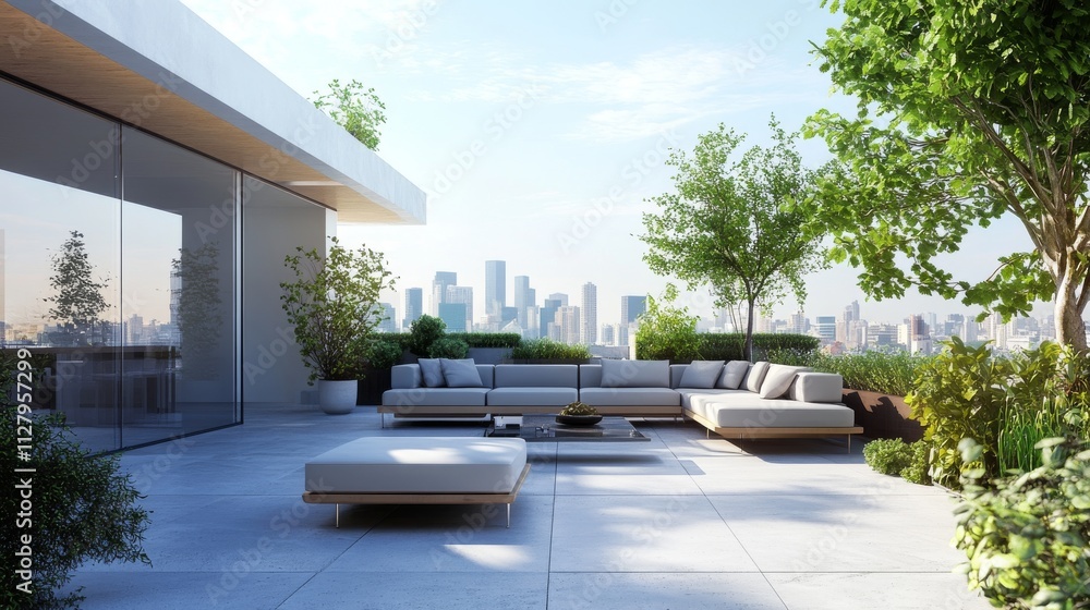 Fototapeta premium 15.Contemporary rooftop patio with a sleek modular sofa, decorative cushions, and modern furnishings, framed by greenery and small potted trees; the city skyline visible in the background adds an