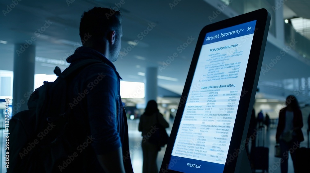 Fototapeta premium Man standing at airport terminal, gazing at large digital screen showing immigration policies, amidst bustling crowd and luggage, highlighting importance of travel regulations and border control infor