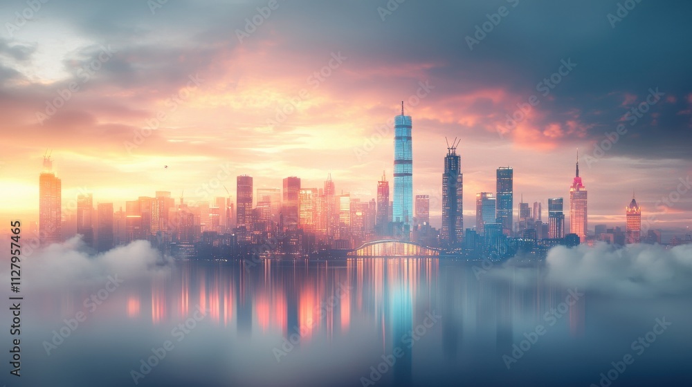 Futuristic urban landscape overlooking fluffy pink gigapixel clouds at sunrise modern city skyline digital art serene environment aerial view conceptual vision of tomorrow Futuristic urban landscape overlooking fluffy pink gigapixel clouds at sunrise modern city skyline digital art serene environment aerial view conceptual vision of tomorrow