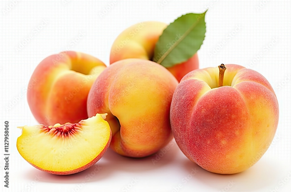 A group of ripe peaches, one cut in half to reveal its juicy flesh and seed. A group of ripe peaches, one cut in half to reveal its juicy flesh and seed.
