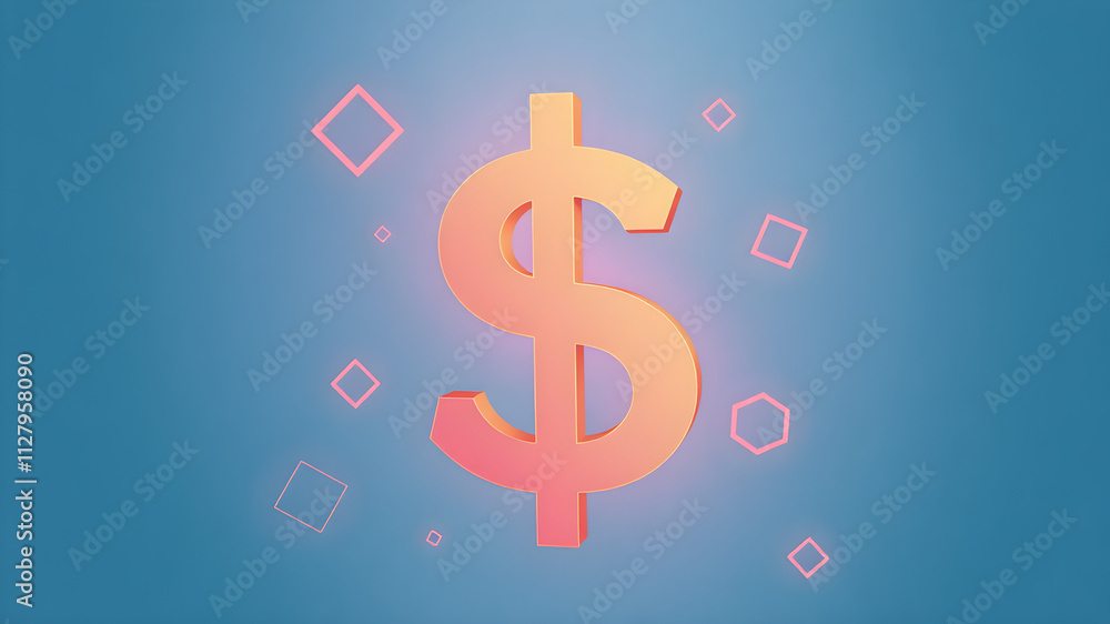 Abstract dollar sign icon in a glowing pastel orange and pink finish, surrounded by floating geometric shapes on a gradient blue background, ultra-clear 8K Abstract dollar sign icon in a glowing pastel orange and pink finish, surrounded by floating geometric shapes on a gradient blue background, ultra-clear 8K