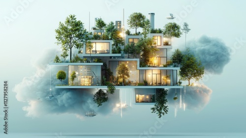 Floating utopian architecture encased in glowing azure gigapixel overlooking a futuristic cityscape modern design tranquil environment aerial view innovative living concept