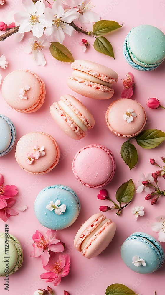 Obraz premium A charming display of macarons in seasonal colors, with sakura flowers and leaves scattered around, leaving space for captions