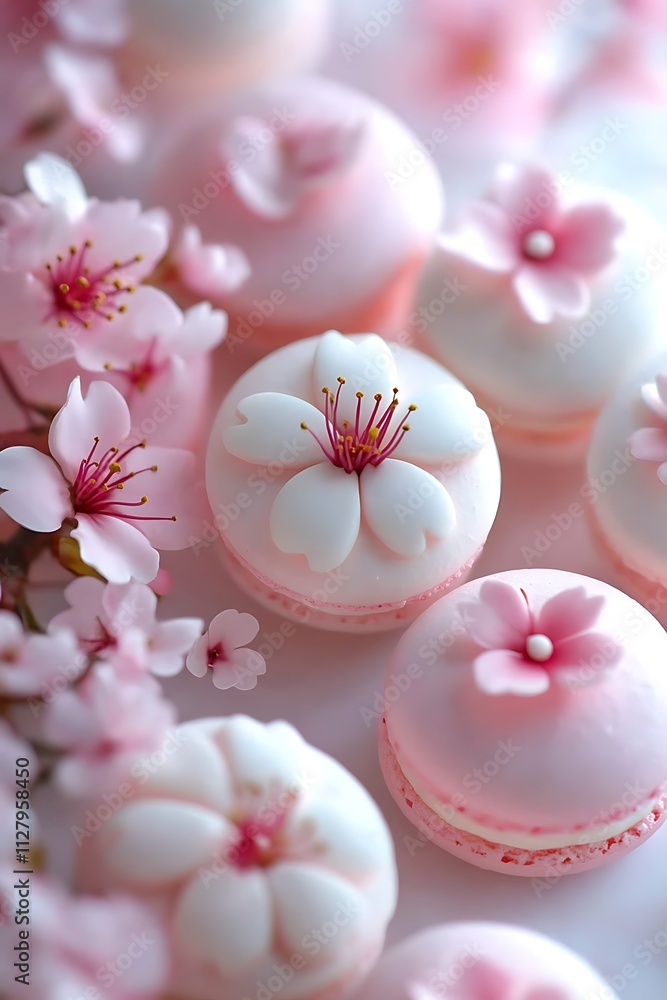 A close-up of floral-decorated macarons in shades of pink and white, styled with sakura petals on a soft, blurred background for text A close-up of floral-decorated macarons in shades of pink and white, styled with sakura petals on a soft, blurred background for text
