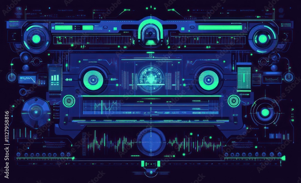 Futuristic neon interface with digital audio visualizers and controls. Futuristic neon interface with digital audio visualizers and controls.