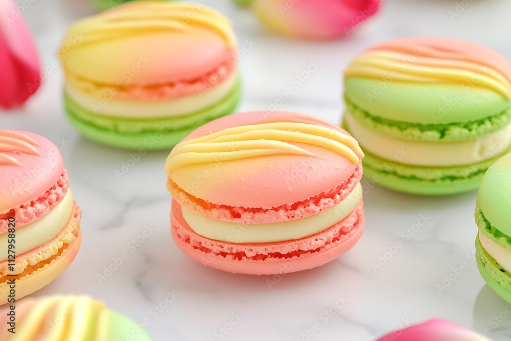 Vibrant spring-themed macarons in shades of pink, yellow, and green, styled with fresh tulip petals on a clean surface with room for captions Vibrant spring-themed macarons in shades of pink, yellow, and green, styled with fresh tulip petals on a clean surface with room for captions