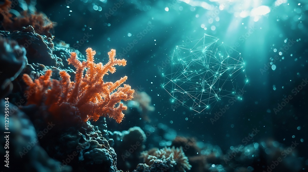 Holographic visualization of a coral reef underwater with network lines representing the biodiversity connections in the marine ecosystem leaving copy space on the upper right side of the frame Holographic visualization of a coral reef underwater with network lines representing the biodiversity connections in the marine ecosystem leaving copy space on the upper right side of the frame