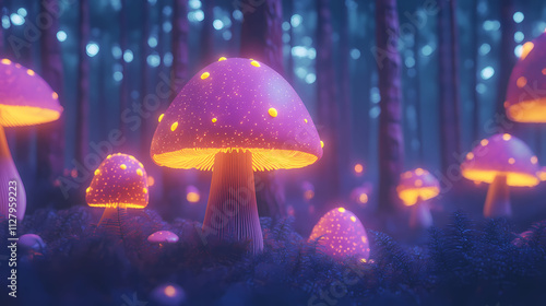 Fantasy forest, glowing mushrooms and mythical creatures, 3d illustration. Fable. Illustration