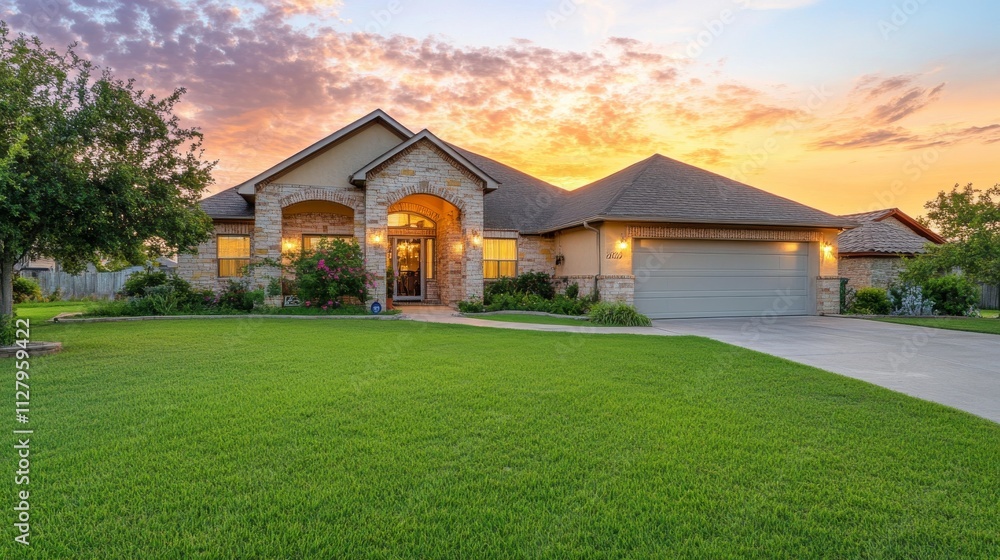43.Exterior view of house with green grass. Home For Sale, Rent, Housing, and Real Estate concept: 43.Exterior view of house with green grass. Home For Sale, Rent, Housing, and Real Estate concept: