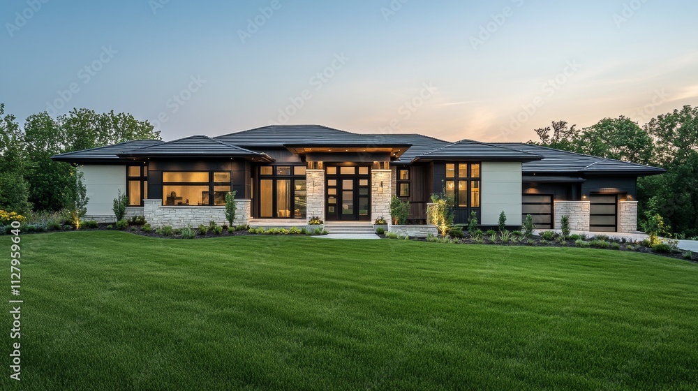 45.Modern suburban house with clean architectural lines, large front lawn, and well-maintained landscaping; bright green grass adds vibrancy to the property, showcasing its curb appeal and inviting 45.Modern suburban house with clean architectural lines, large front lawn, and well-maintained landscaping; bright green grass adds vibrancy to the property, showcasing its curb appeal and inviting