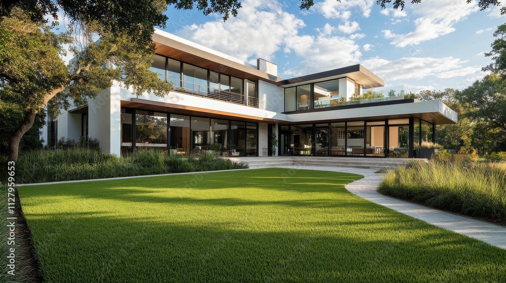 45.Modern suburban house with clean architectural lines, large front lawn, and well-maintained landscaping; bright green grass adds vibrancy to the property, showcasing its curb appeal and inviting 45.Modern suburban house with clean architectural lines, large front lawn, and well-maintained landscaping; bright green grass adds vibrancy to the property, showcasing its curb appeal and inviting