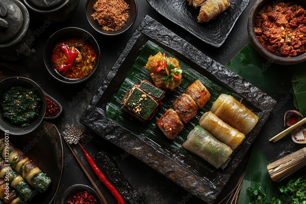 Assorted Asian cuisine dishes, sauces, and spices arranged on a dark background. Assorted Asian cuisine dishes, sauces, and spices arranged on a dark background.