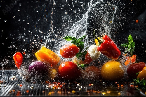 Vibrant vegetables splashing in water droplets. photo