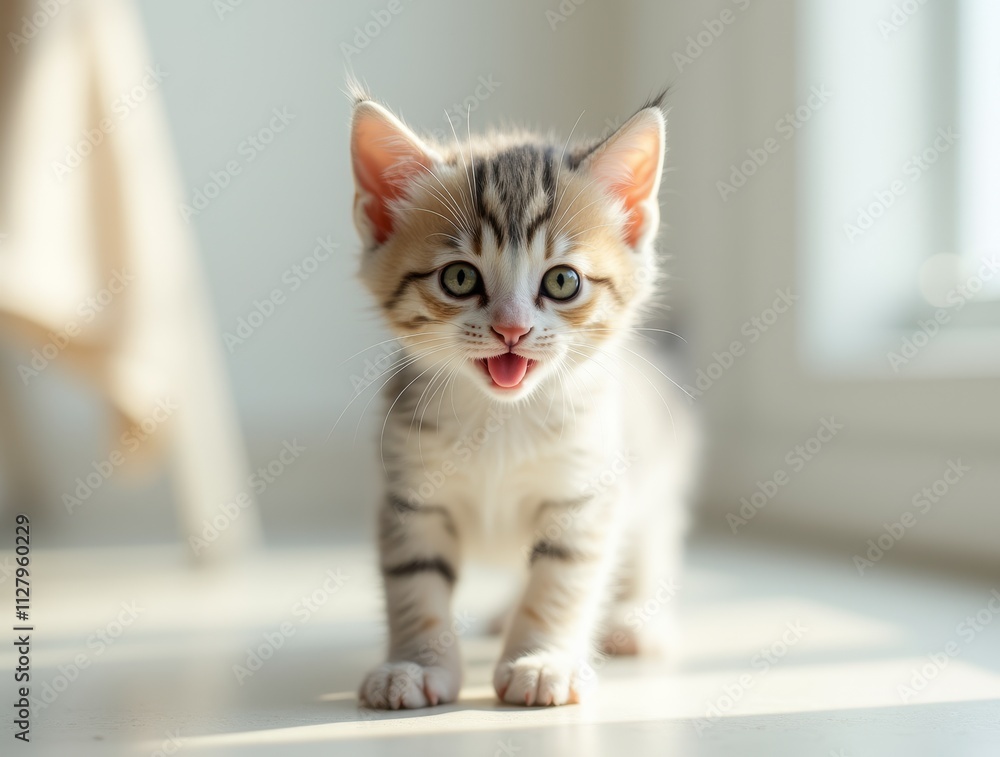 Playful kitten with a curious expression, licking its lips and walking towards the camera Playful kitten with a curious expression, licking its lips and walking towards the camera