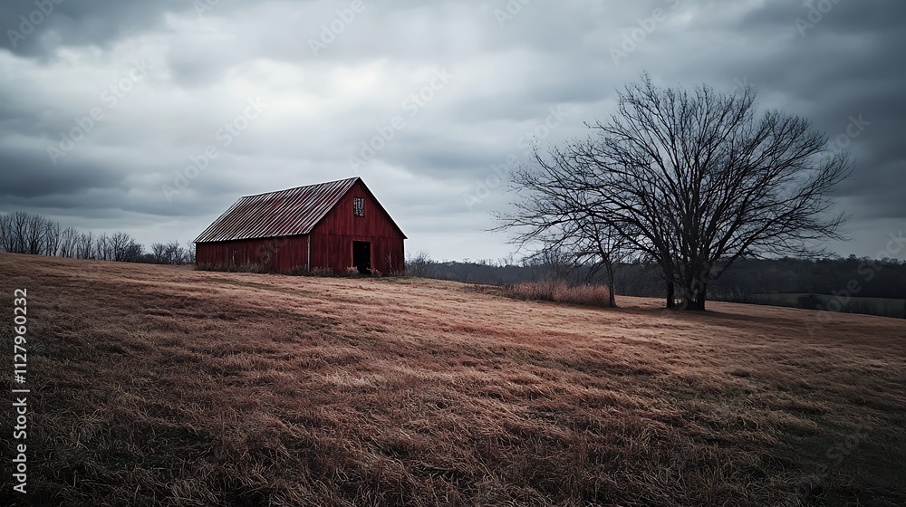 Red Barn on a Cloudy Day. Rural Landscape, Tranquil Scene. Red Barn on a Cloudy Day. Rural Landscape, Tranquil Scene.
