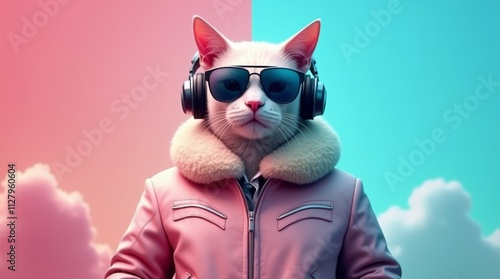 Cool and stylish digital artwork of a cat wearing sunglasses and headphones, dressed in winter jacket, set against vibrant pink and turquoise background, perfect for trendy fun animal illustrations.	 photo