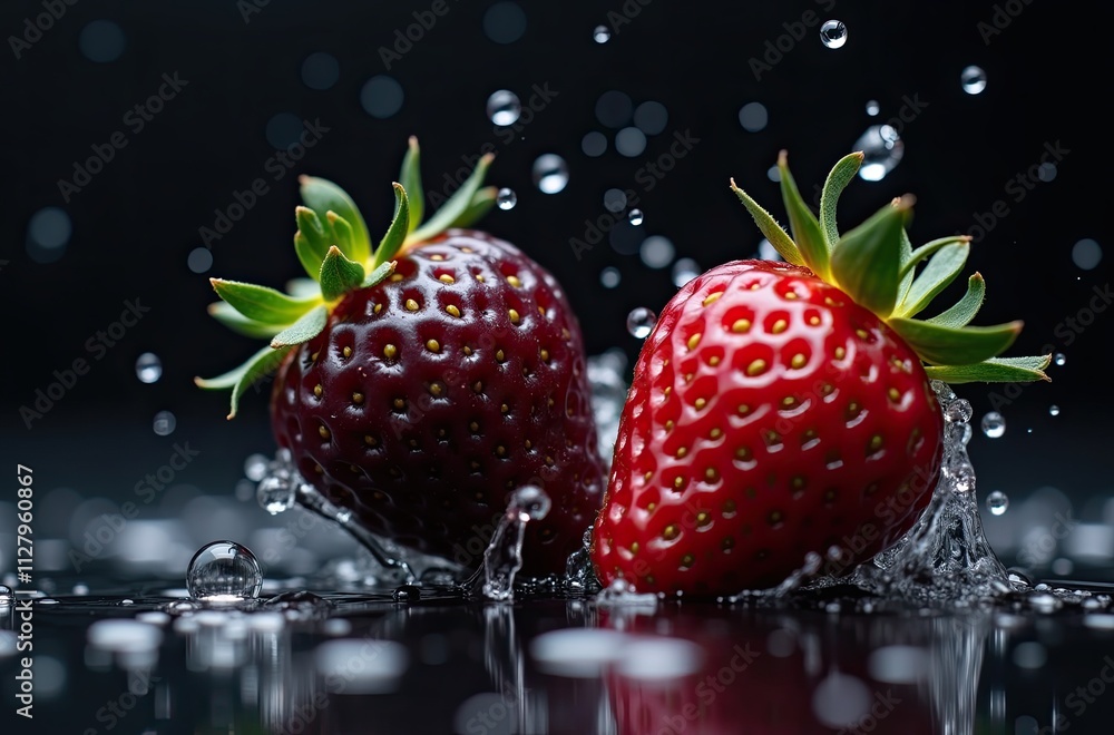 A fresh, red strawberry splashing into water, creating a vibrant and dynamic image. A fresh, red strawberry splashing into water, creating a vibrant and dynamic image.
