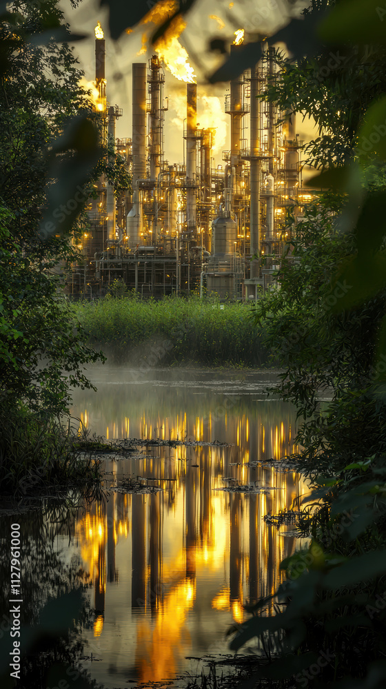 stunning view of refinery at sunset, reflecting golden lights on water. scene captures beauty of industrial architecture amidst nature stunning view of refinery at sunset, reflecting golden lights on water. scene captures beauty of industrial architecture amidst nature