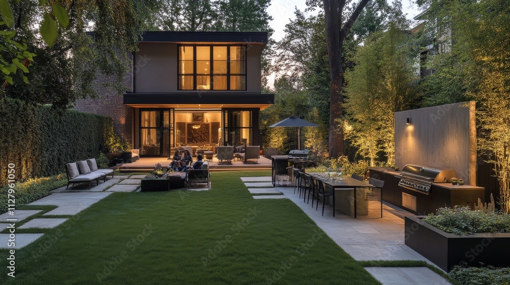 56.Spacious backyard with a comfortable outdoor seating area, barbecue grill, and a small family gathered around; the warm light and greenery create a cozy, inviting setting next to a stylish modern 56.Spacious backyard with a comfortable outdoor seating area, barbecue grill, and a small family gathered around; the warm light and greenery create a cozy, inviting setting next to a stylish modern
