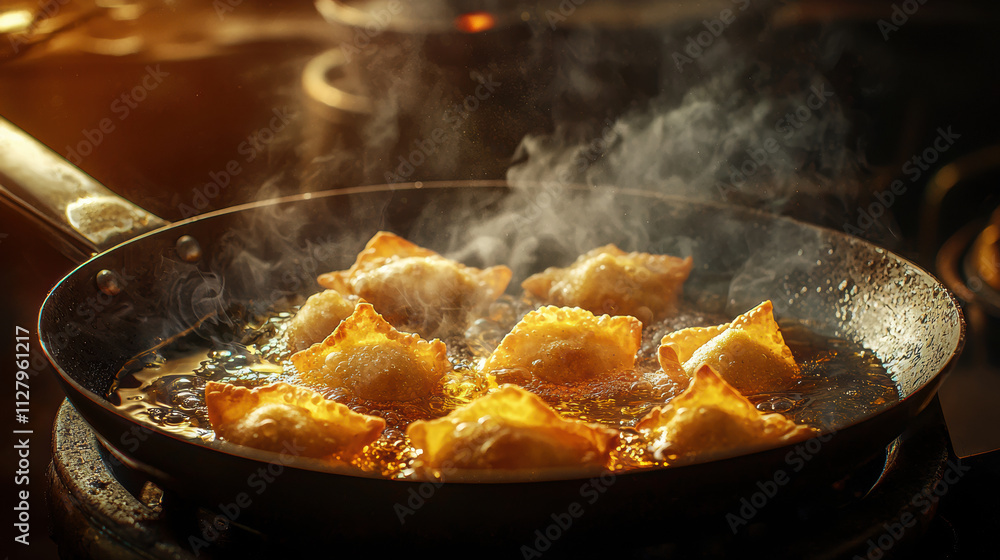 Frying delicious golden dumplings in hot oil, creating mouthwatering aroma and steam in kitchen Frying delicious golden dumplings in hot oil, creating mouthwatering aroma and steam in kitchen