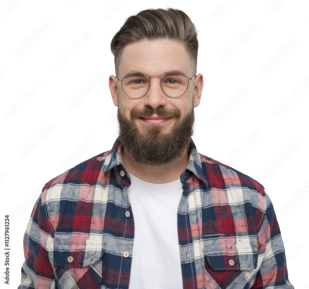 Obraz premium Glad ginger male with pleased expression, wears glasses and fashionable checkered shirt, rejoices successfully made project, poses alone against white background. People, emotions, lifestyle