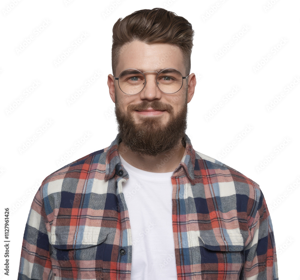 Obraz premium Glad ginger male with pleased expression, wears glasses and fashionable checkered shirt, rejoices successfully made project, poses alone against white background. People, emotions, lifestyle