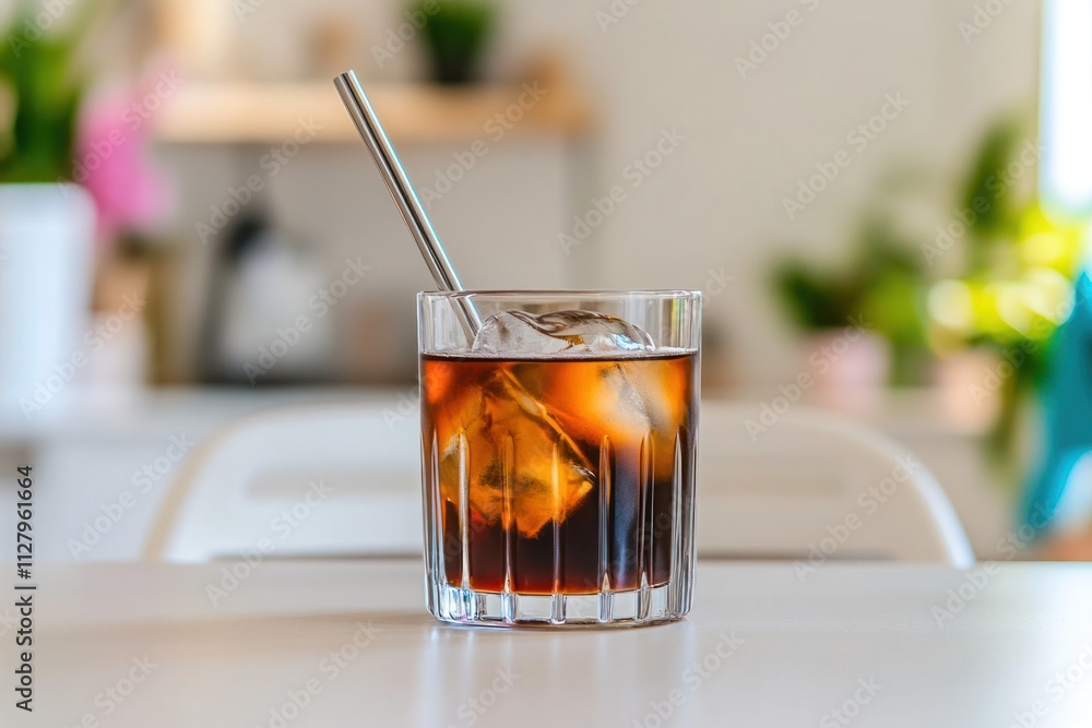 Iced coffee in a rocks glass with a metal straw on a white table. Iced coffee in a rocks glass with a metal straw on a white table.