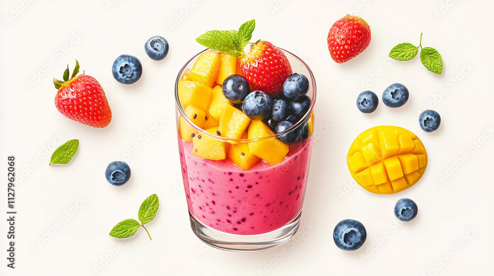a bold, simplified smoothie glass icon filled with vibrant fruits (strawberries, blueberries, and mango slices), white plain background. a bold, simplified smoothie glass icon filled with vibrant fruits (strawberries, blueberries, and mango slices), white plain background.