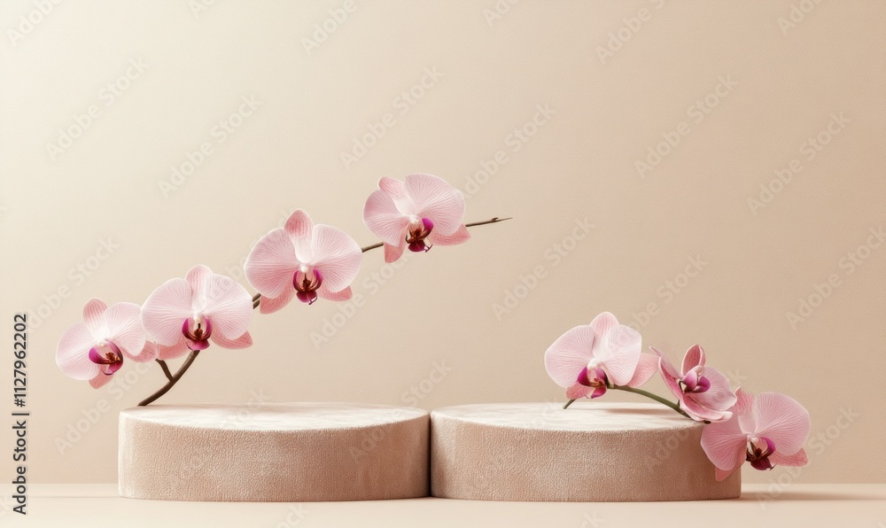 Pink orchids on minimalist beige podiums. Pink orchids on minimalist beige podiums.