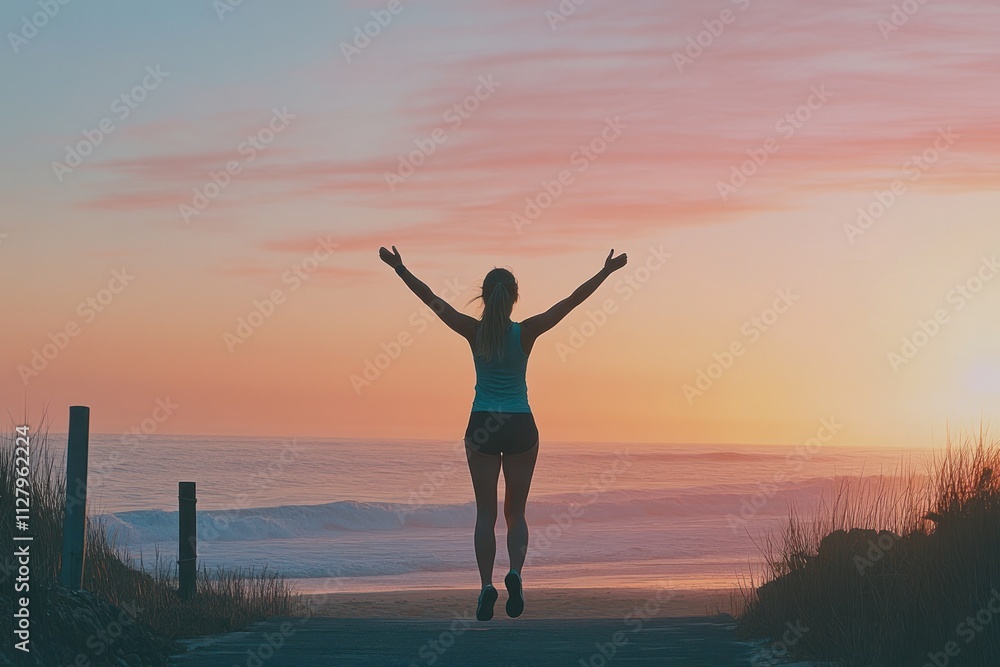 Woman celebrates sunset ocean victory jump. Woman celebrates sunset ocean victory jump.