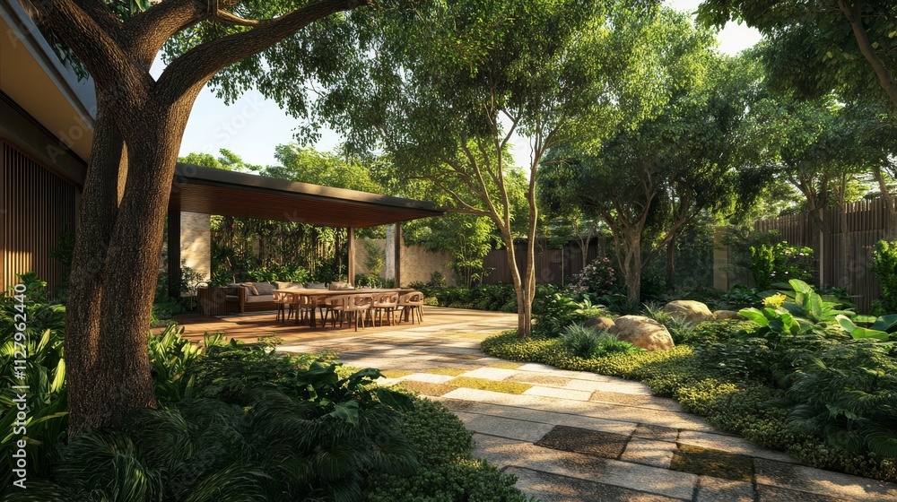 79.Day view of luxurious modern house exterior with dining space and garden: