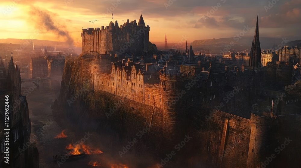 Naklejka premium Sunset illuminates ancient castle, city, burning boat.