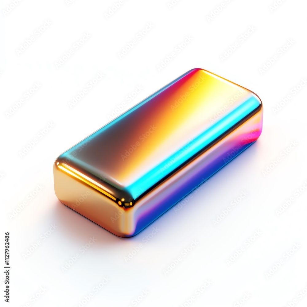 A vibrant, shiny, gold and rainbow-colored metallic bar with smooth edges, sitting on a white isolated background, showcasing a colorful and modern design. A vibrant, shiny, gold and rainbow-colored metallic bar with smooth edges, sitting on a white isolated background, showcasing a colorful and modern design.