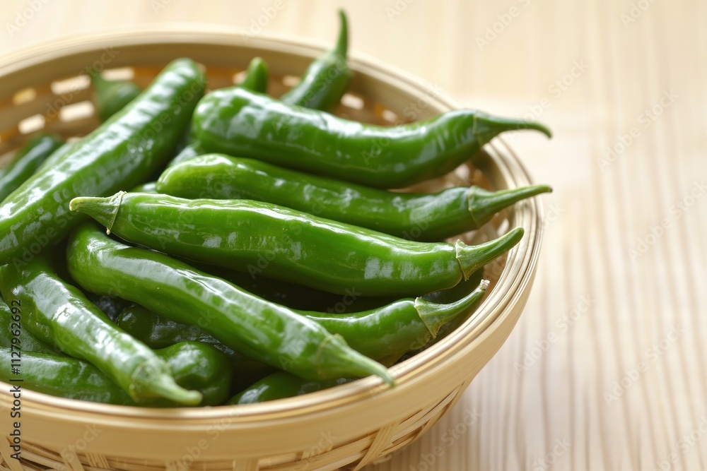 Fresh green chili peppers in a wicker basket on a wooden surface. Fresh green chili peppers in a wicker basket on a wooden surface.