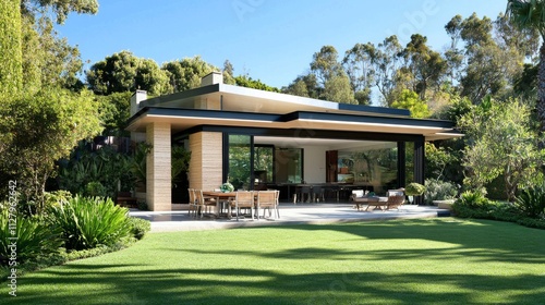 82.Modern house with expansive glass walls opening to a garden dining area; minimalist outdoor furniture and well-kept greenery enhance the luxury and elegance of the exterior design on a sunny day. photo