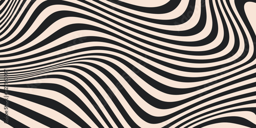 Abstract horizontal background with dynamic waves. Trendy vector illustration in style retro 60s, 70s. Beige and black colors	